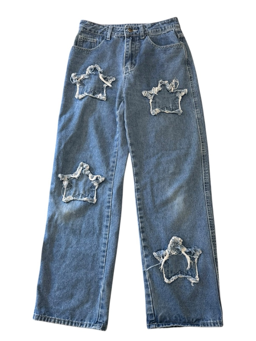 Vintage-Inspired Blue Star Patch High-Rise Wide-Leg Jeans Size Small